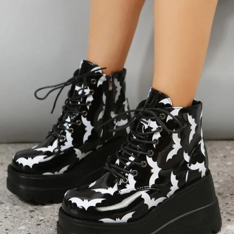 Fashion Large Size Round Head Casual Autumn and Winter Thick-soled Lacing Side Zipper Short Boots Foreign Trade Lacing Platform Shoes