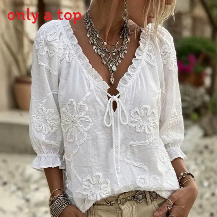 Camicetta Ricamata Floreale Vintage con Scollo a V e Dettagli a Ruffle per Uso Casual