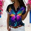 Women Plus Size Colorful Butterfly Printed Collared Neck Short Sleeve Button Front Shirt