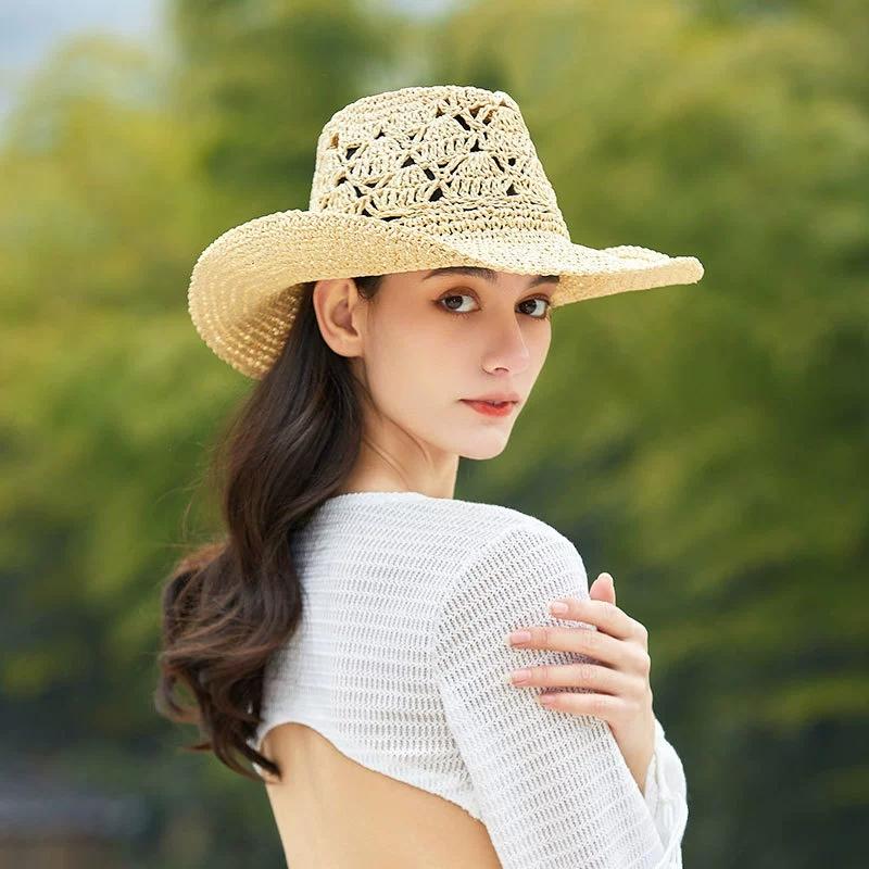 Hollow Big Brim Jazz Hat British Retro Cowboy Straw Hat Summer Vacation Beach Hats