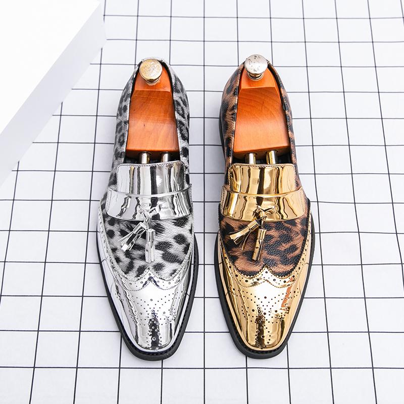 Fashion Metallic Leopard Print Color Glossy Finish Leather Casual Slip on Non-slip Men Fashionable Men's Party Dance Stage Loafer Shoes
