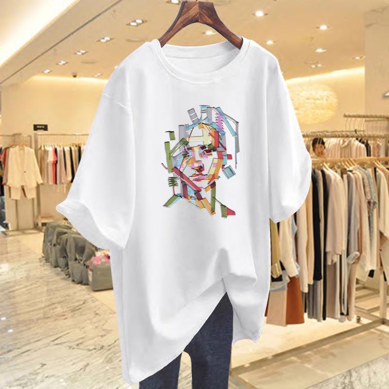 

Women s Mid-Length White Summer Print T-Shirt, Loose Fit, Short Sleeves Small