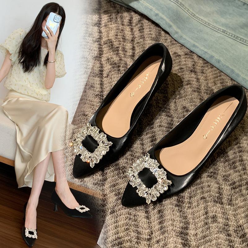 Rhinestone square buckle women's single shoes pointed head shallow mouth high heels widened and fattened large size women's shoes