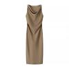 Kaslead New Women Clothes Western Style Silk Satin Texture Twist Sleeveless Swing Collar Dress