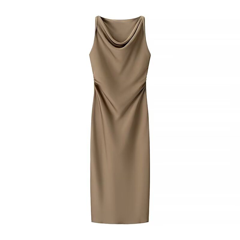 Kaslead New Women Clothes Western Style Silk Satin Texture Twist Sleeveless Swing Collar Dress