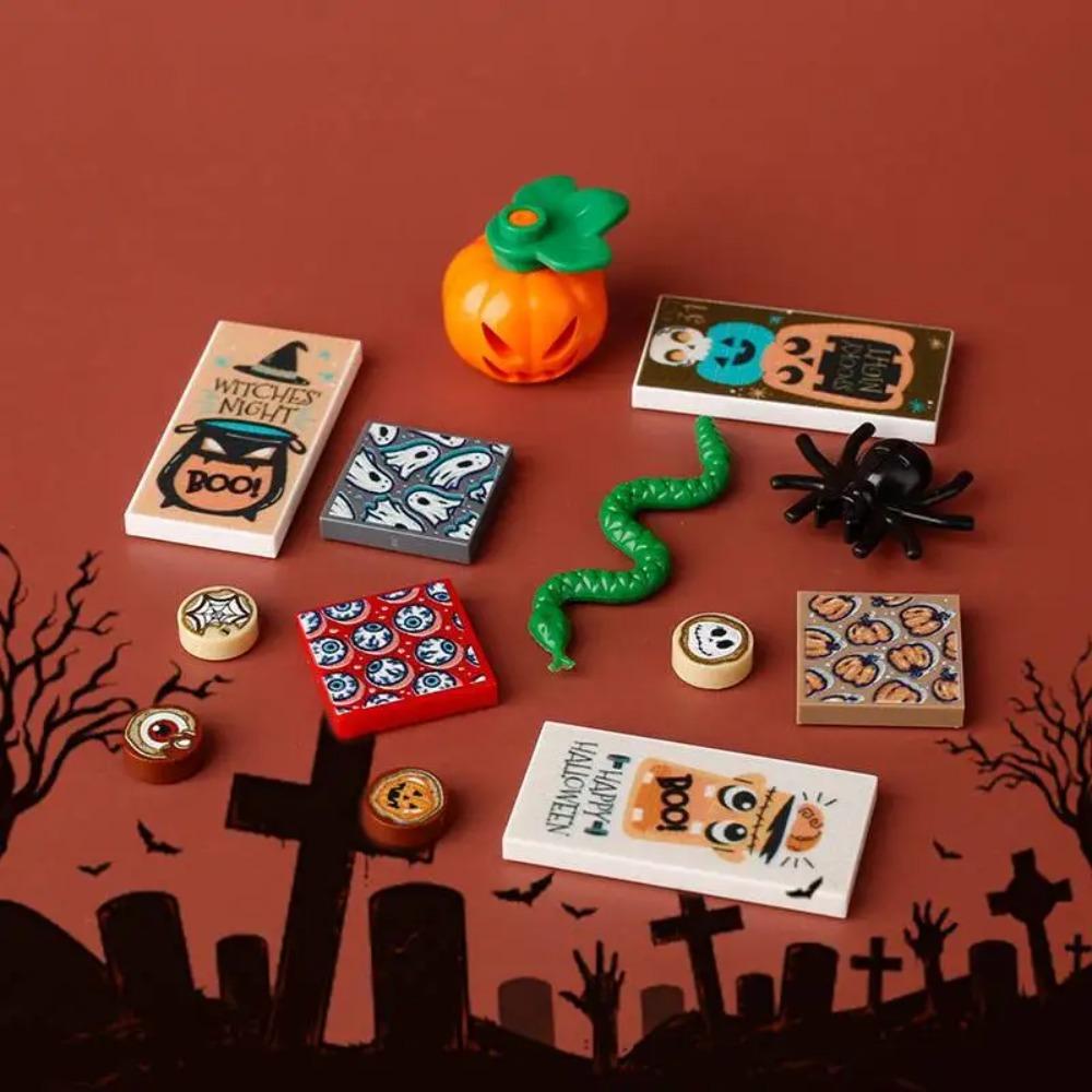 Halloween Scene Building Blocks MOC Cemetery Tombstone Mouse Pumpkin Car Vampire Throne Fireplace Bat Light Candle Toy Gift A040