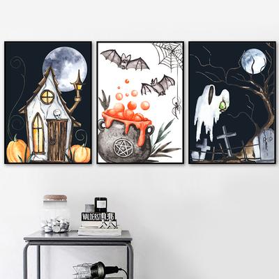 Schwarzer Totenkopf, kreative Wandkunst, Mondkätzchen, skandinavisches Poster, Halloween, Leinwandmalerei, Wanddekoration für Wohnzimmer