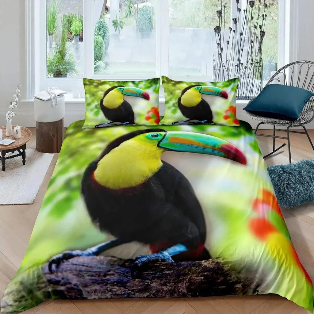 3D Toucan Duvet Cover Set Safari Animals Bedding Sets Tropical Jungle Birds Comforter Cover,Boys Girls Fresh Nature Quilt Cover