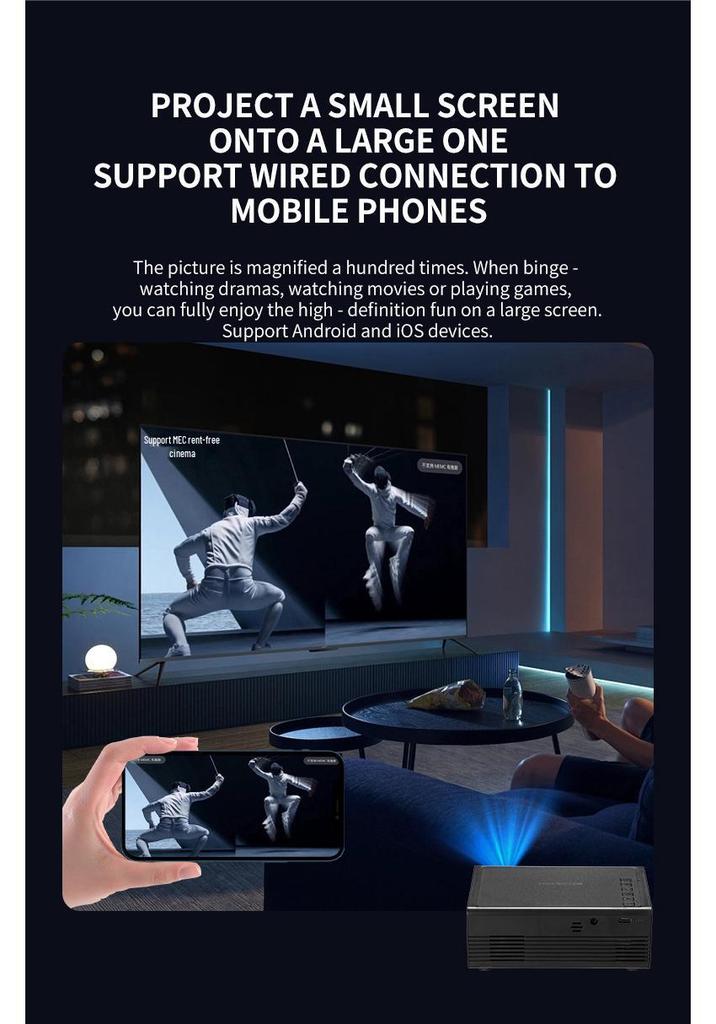 M200S Portable Mini LED Projector for Mobile Phone Home Theater, Supports 1080p Wired Screen Mirroring