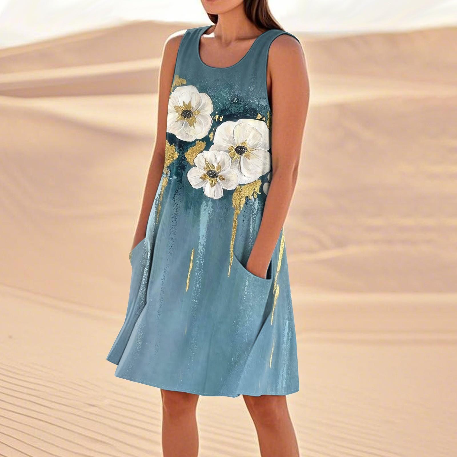 

Летние платья для женщин, свободные пляжные повседневные сарафаны без рукавов с карманами, платье-майка XXL синий