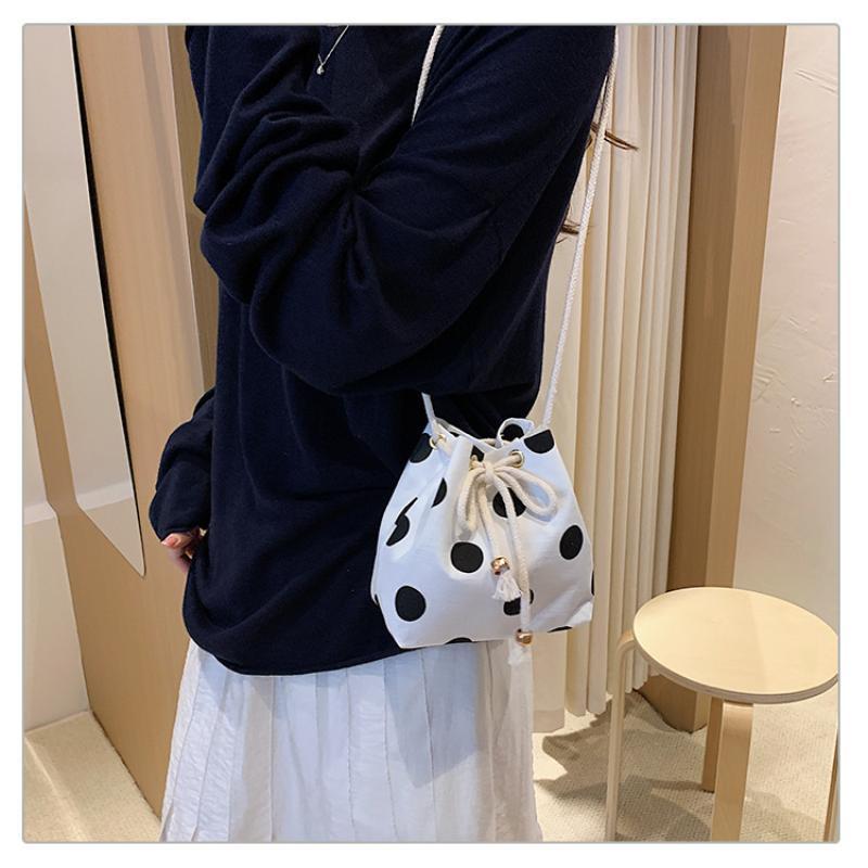 Polka Dot Nylon Drawstring Crossbody Bag Soft Lightweight Adjustable Strap Fashion Shoulder Purse for Women Shopping
