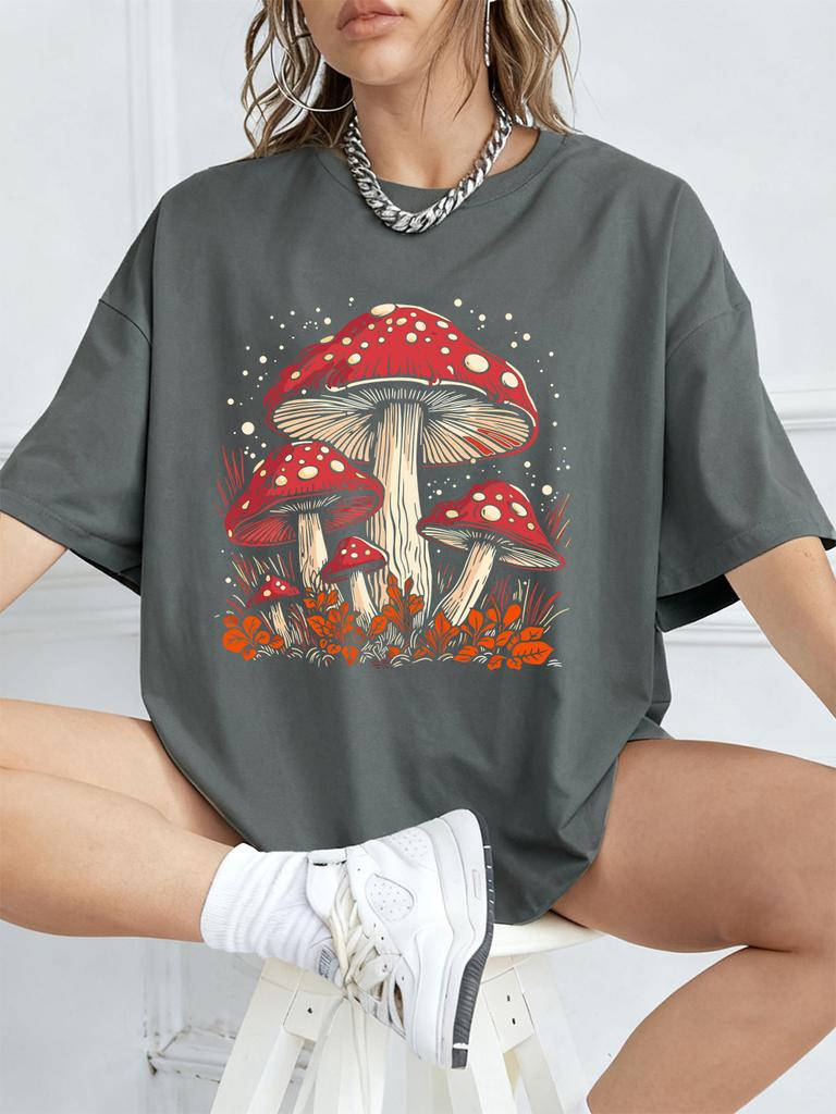 Red Mushroom Personality Prints TShirt Women Cotton Summer Short Sleeve T Shirt Soft Loose ONeck Tops Casual Woman Clothes