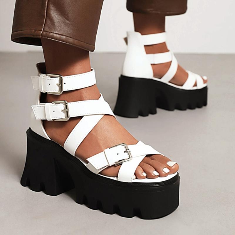 Sexy Platform Women's Sandals Summer Shoes 2025 Punk High Heels Buckle Strap Slippers Black White Party Dance Shoes Female