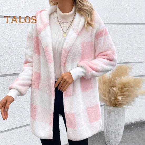 Wintermantel für Damen, Kontrastfarbe, Karomuster, dick, doppelseitig, mit Kapuze aus Samt, offene Nähte, elastische Bündchen, lockerer, warmer Mantel