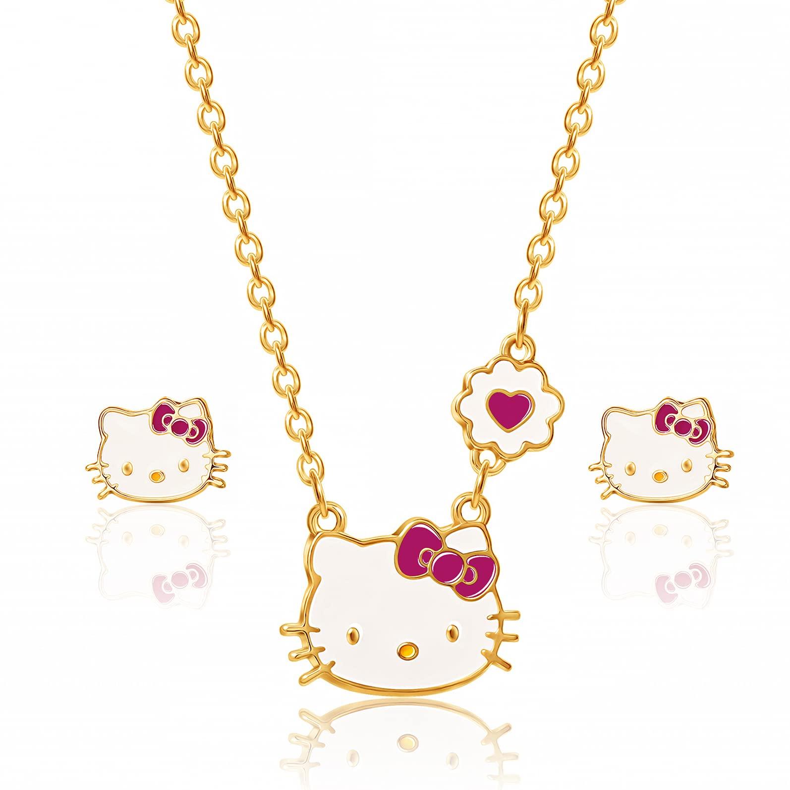 

Hello Kitty Jewelry for Girls Fashion Stud Earrings and Necklace Set, Officially Licensed