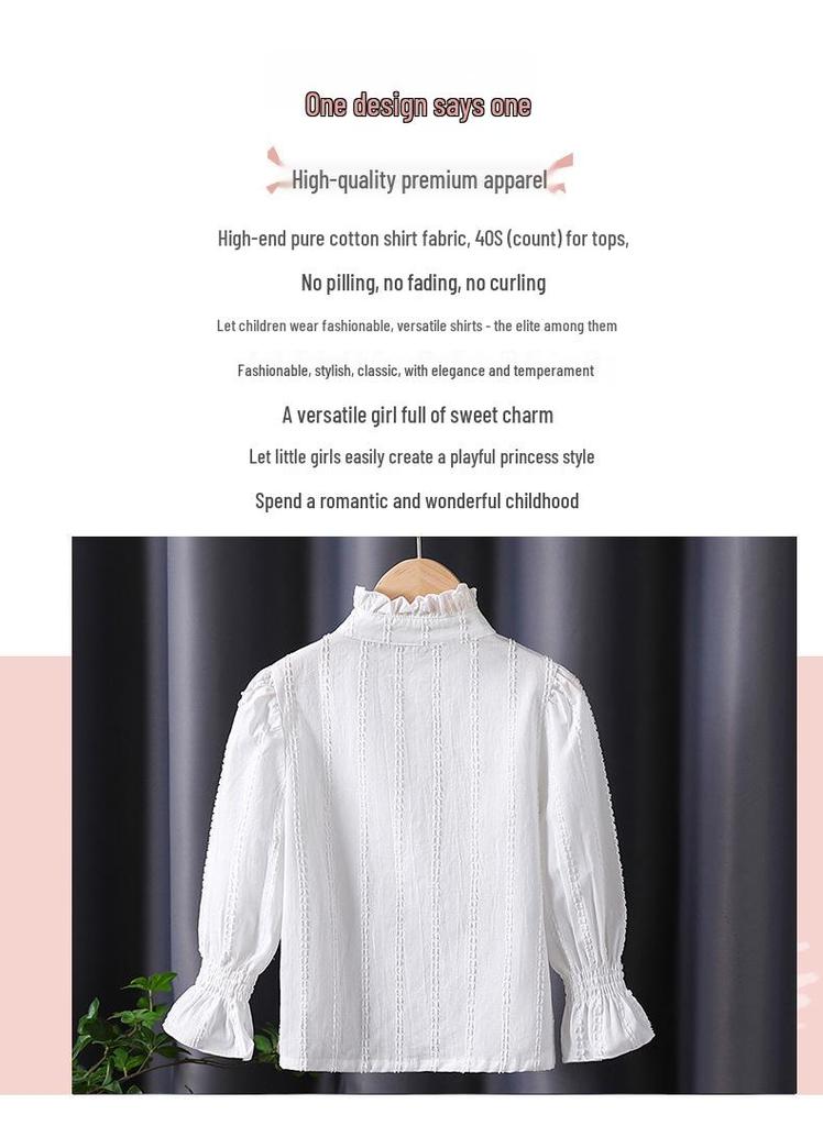 Premium Girls' Lace Stand Collar Long-Sleeved Cotton Top for Spring/Autumn 2025