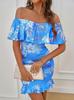 Summer New Floral Print One-word Shoulder Hip Dress Tropical Vacation Elegant Dress