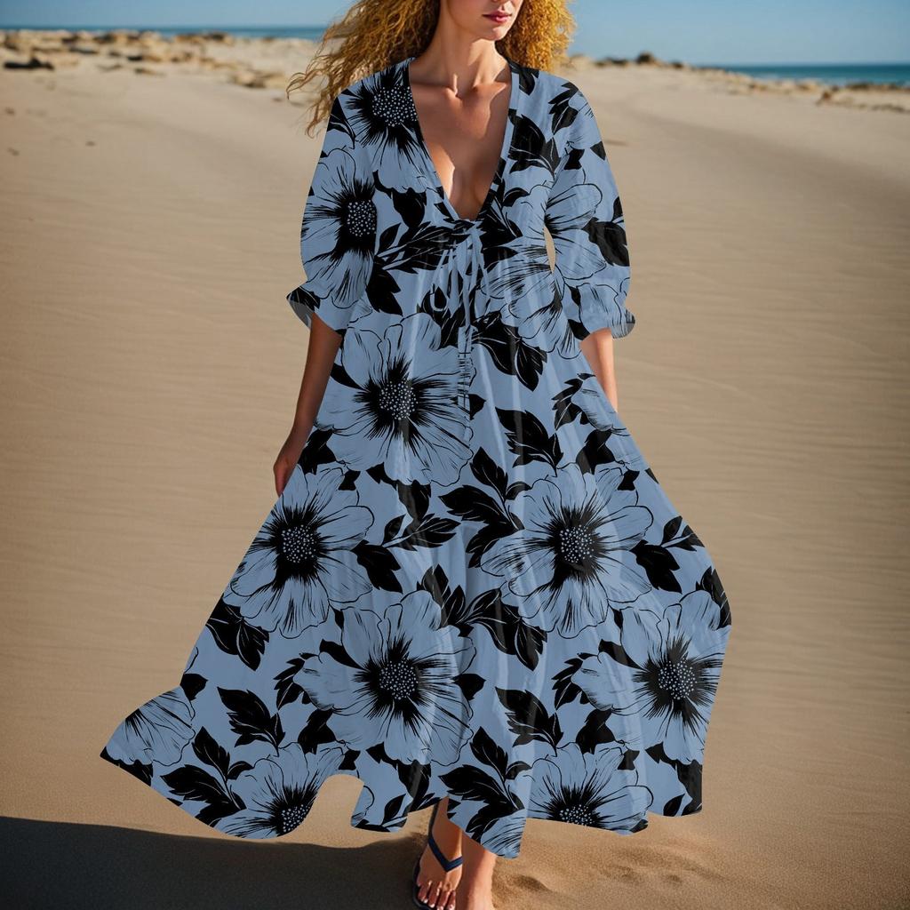 Women's Summer Fashion V-neck Retro Floral Print Short Sleeved Beach Dress With Lace Patchwork Dress