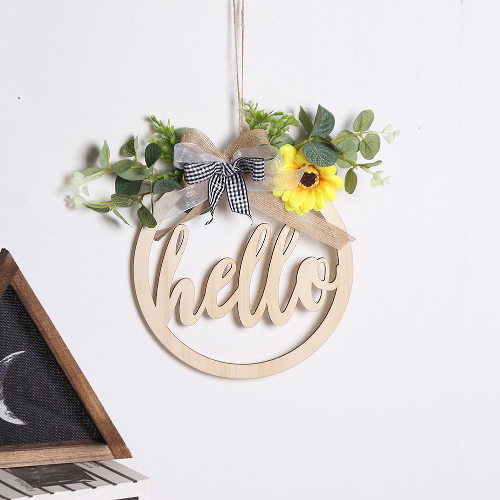 Round Outdoor Hanging Ornament Wooden Pendant Welcome/hello Sign Wreath Set With Bow Home Decoration