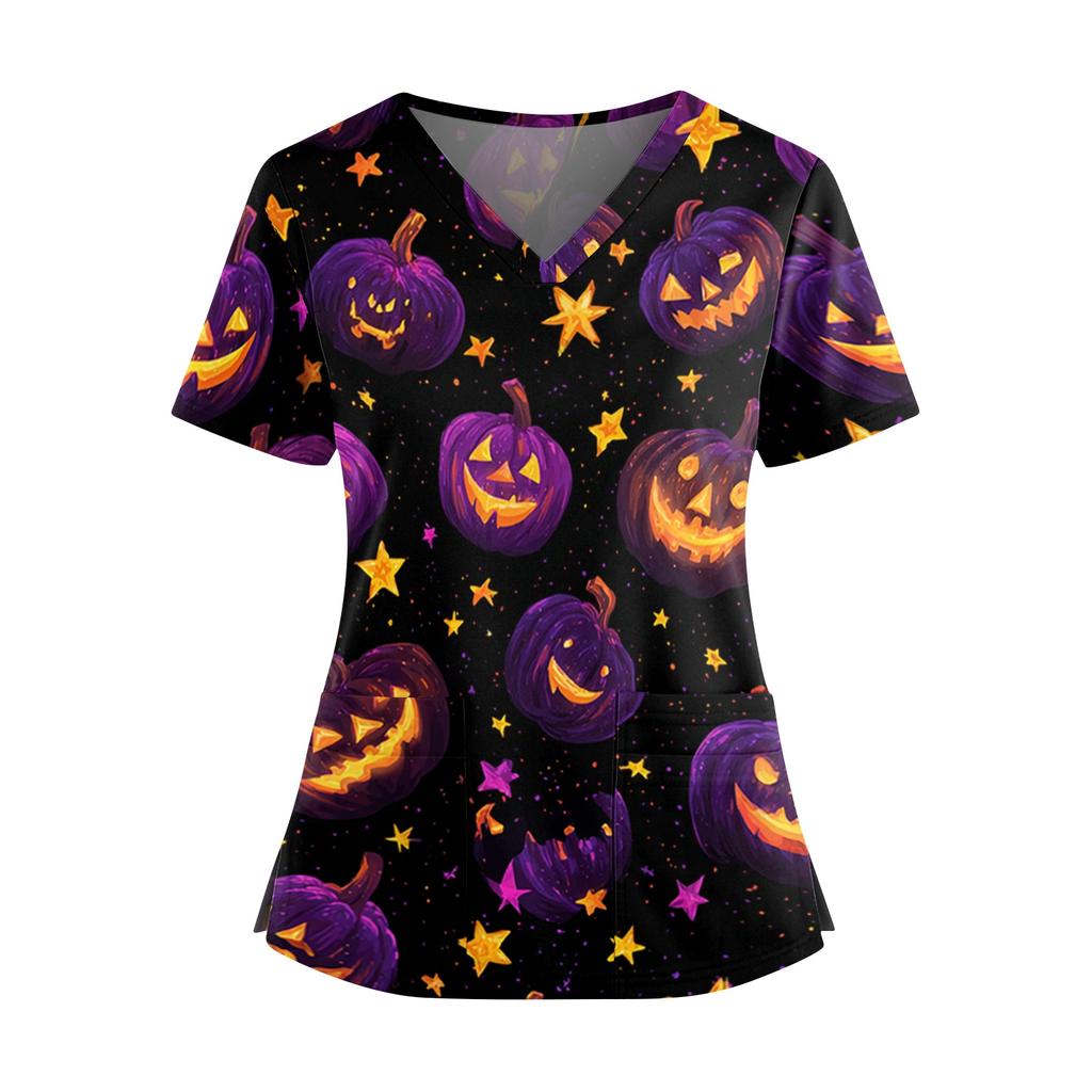 Haut d'uniforme d'infirmière à manches courtes et col en V avec imprimé Halloween, double poche et fentes latérales pour les professionnels de la santé