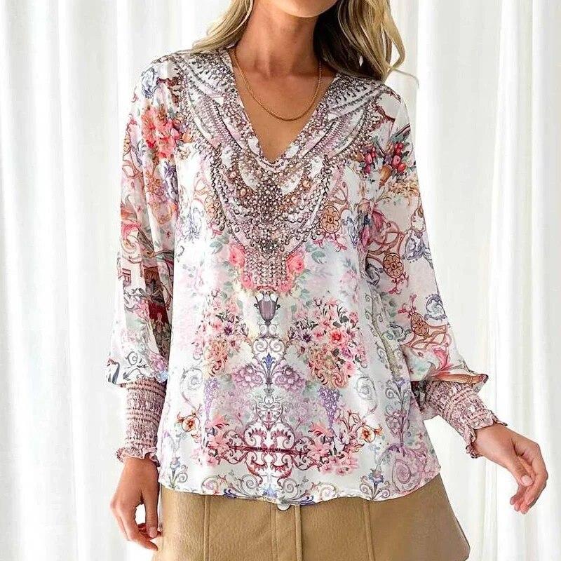 

Осенне-зимняя женская одежда, элегантная богемная блузка с v-образным вырезом и принтом, модная свободная рубашка с длинными рукавами и фонариками, одежда 30093 XL восторг