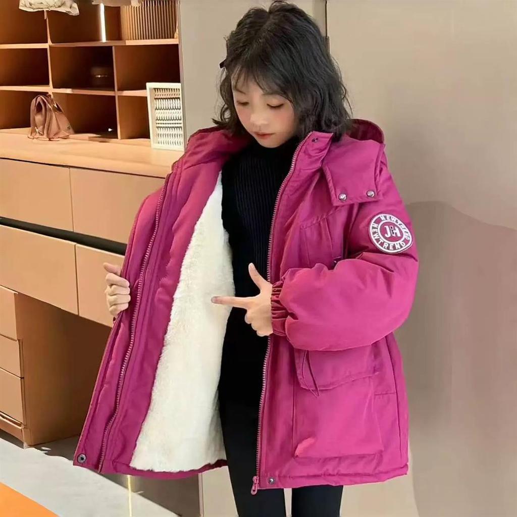 2025 Girls' Stylish Fleece-Lined Warm Cotton Jacket - Windproof Padded Coat for Mid-to-Large Children