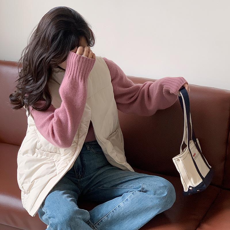 Loose Cotton Sleeveless Vest with Side Zipper for Women, Korean Style Solid Color Coat for Autumn and Winter