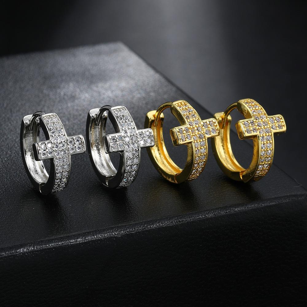 Hip Hop Full Diamond Big Ear Buckle Men'S Geometric Round Zircon Earrings Cross Rivets Hiphop Trend Earrings