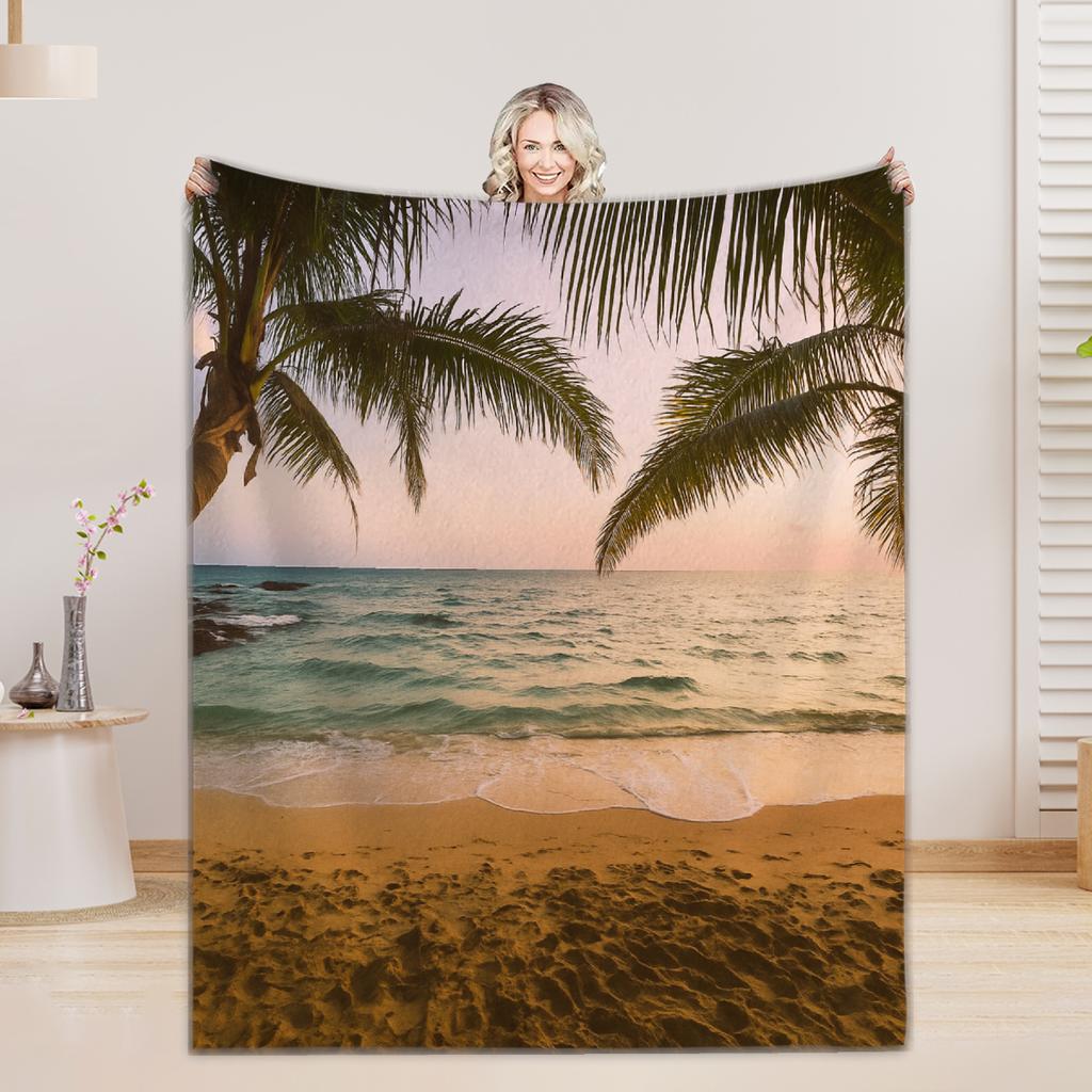 Seaside Scenic Lake Sunset Camping 3D Print Blanket Flannel Warm Cozy Blanket Home Travel Birthday Gift Chair Sofa Room Decor