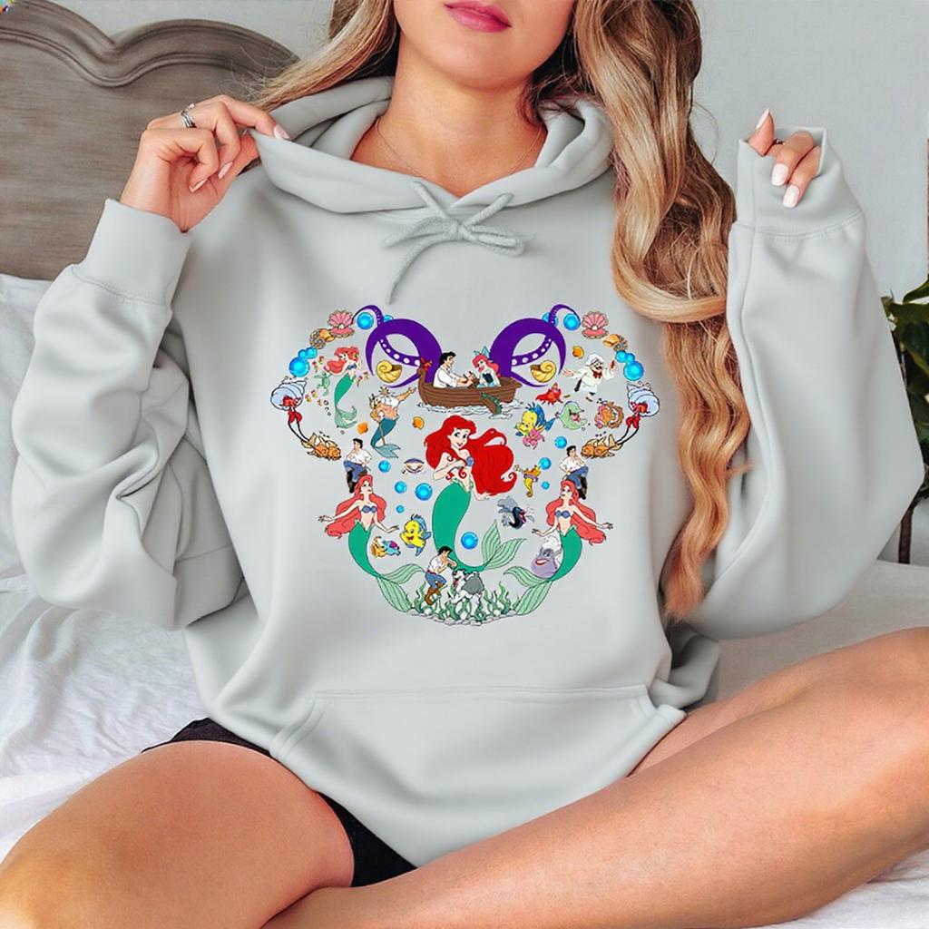 Disney Parent-child Outfits for Girls, Little Mermaid Princess Print Hoodie, Casual Sporty Multi-color Sweatshirt, Loose Hoodie