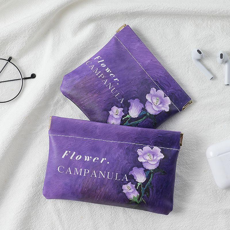 Oil-painting Fabric Auto-open Mini Makeup Pouch, Fits Cables, Charger, Lipstick & Earbuds, Artistic & Portable.