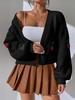 Europe, America, Autumn and Winter New Three-dimensional Cherry Embroidered Sweater Women's Buckle-free Loose Knitted Cardigan