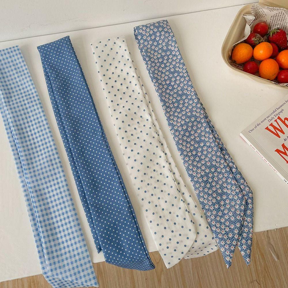 Polka Dot Ribbon Braids Headband Plaid Long Neck Scarves Light Blue Series Hair Band  Outdoor