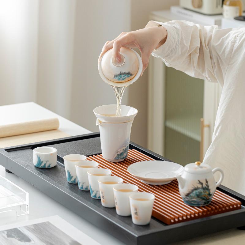 Jade Sheep Fat Porcelain Tea Set: Gaiwan, Gong Dao Bei, Teacup, Teapot.