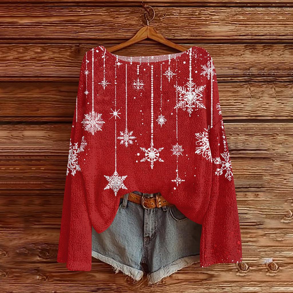 Women's Fashion Christmas Print Lightweight Sweater Casual Long-Sleeve Knit Pullover Top