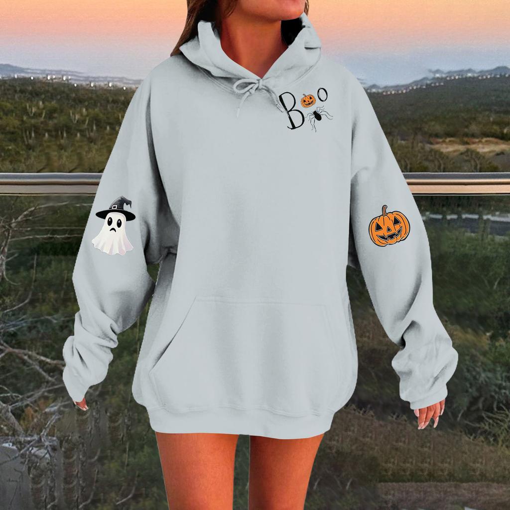 Women's Solid Color Long Sleeve Casual Halloween Print Pullover Hooded Sweatshirt