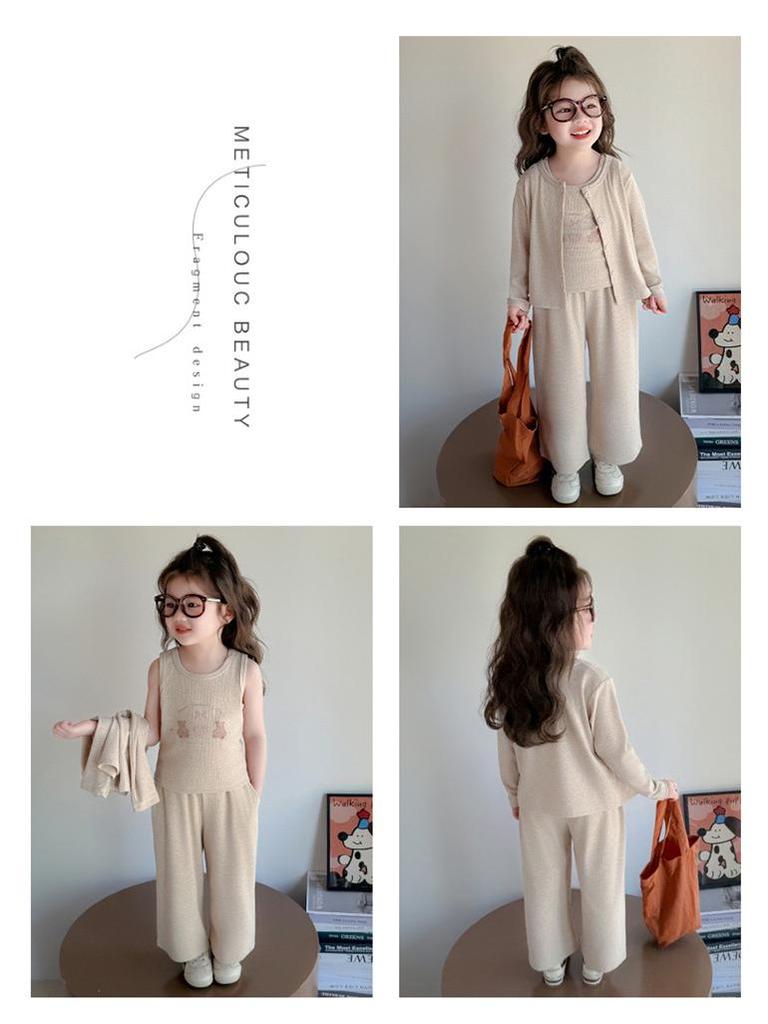 2025 Autumn Girls' Korean Style Three-Piece Set: Teddy Bear Cardigan, Knitted Sweater Vest, and Wide-Leg Pants