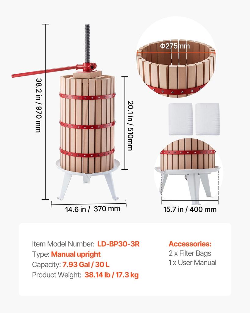 Fruit Wine Press, 7.93Gal/30L Manual Juice Maker, Solid Beech Wood Basket, Vintage Traditional Juicer with 6 Press Wooden Blocks, 2 Filter Bags, Heavy