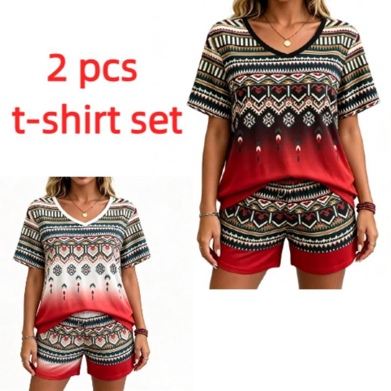 European Streets Summer Fashion Bohemian Ethnic Style Printed V-Neck Short Sleeved T-Shirt And Shorts Set Women's and Men's T-shirt Shorts Set