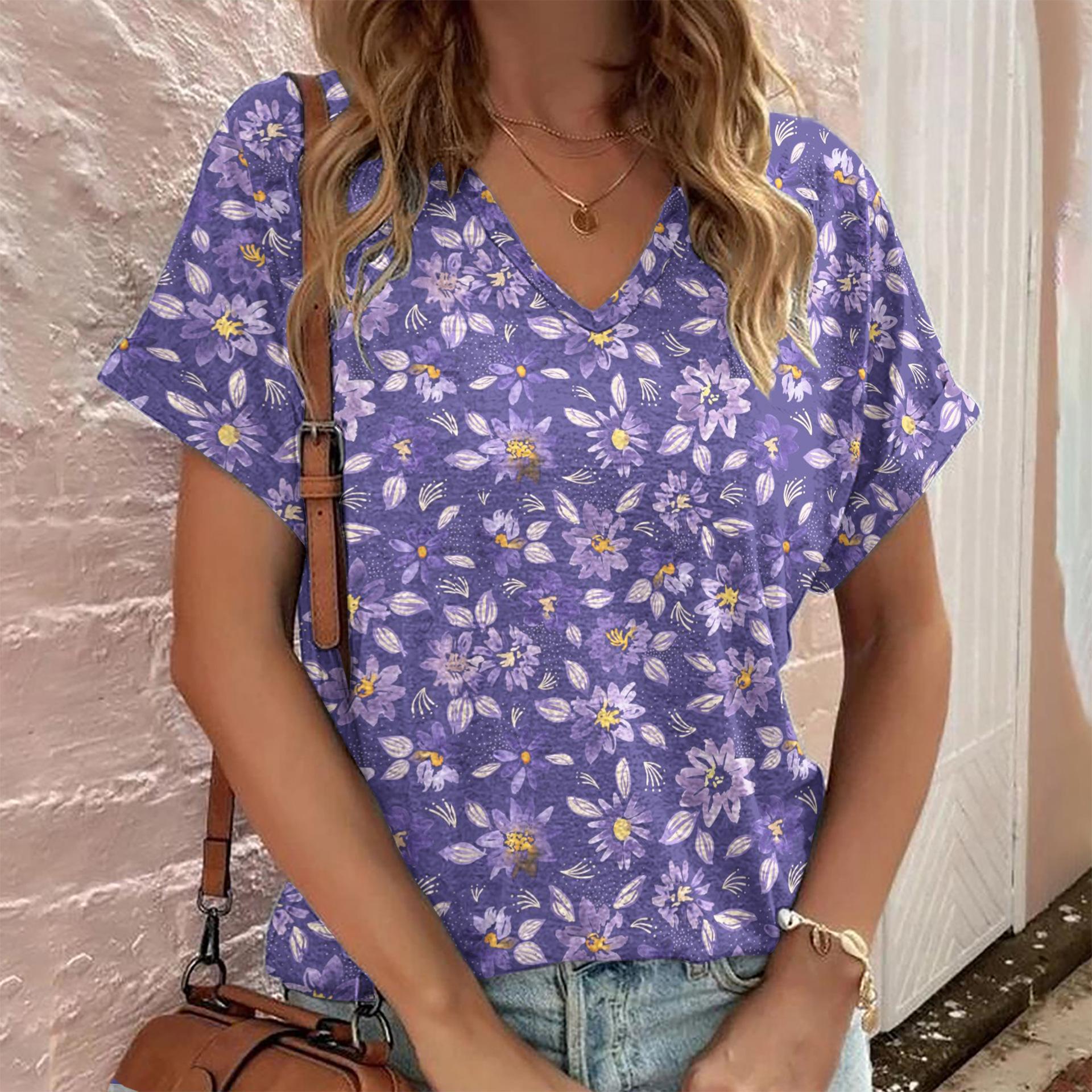 

Summer Leisure Vacation Fresh Style Flower Pattern Printed Women s Short Sleeved V-neck Top T-shirts S