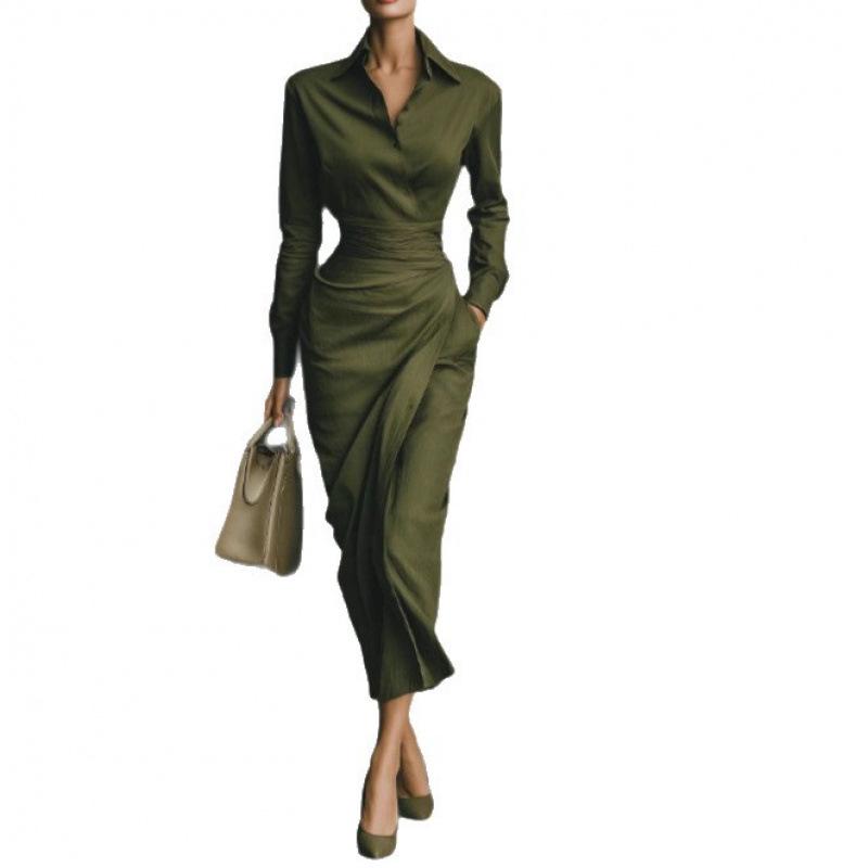2025 Autumn Slim Fit Long Sleeve Dress: Elegant Women's Shirt Collar Long Skirt