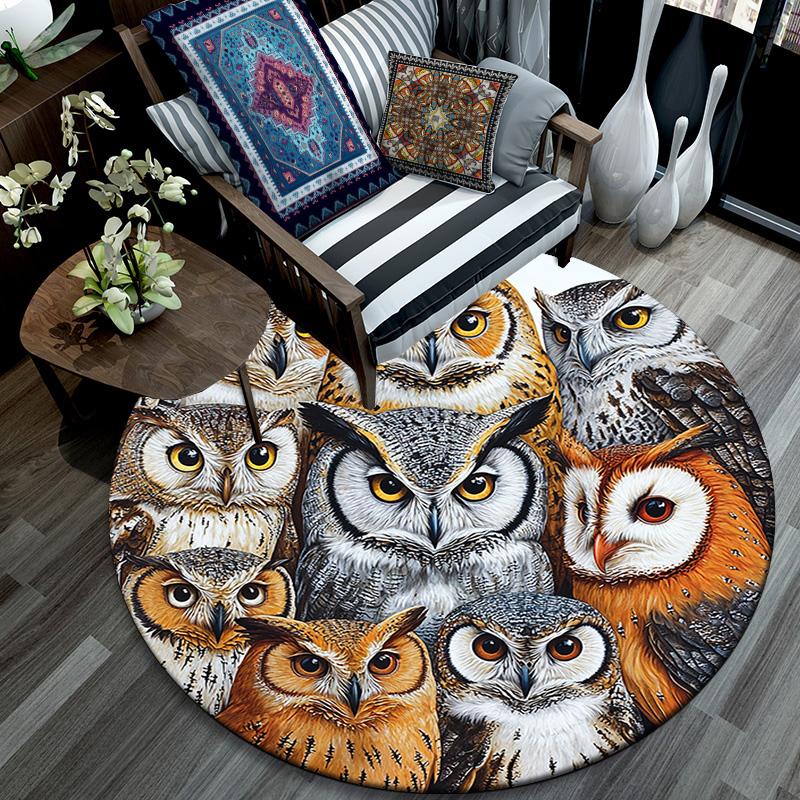 Owl Collage Round Area Rug,Carpet Rug for Living Room Bedroom Sofa Playroom Decor,Non-slip Floor Mat