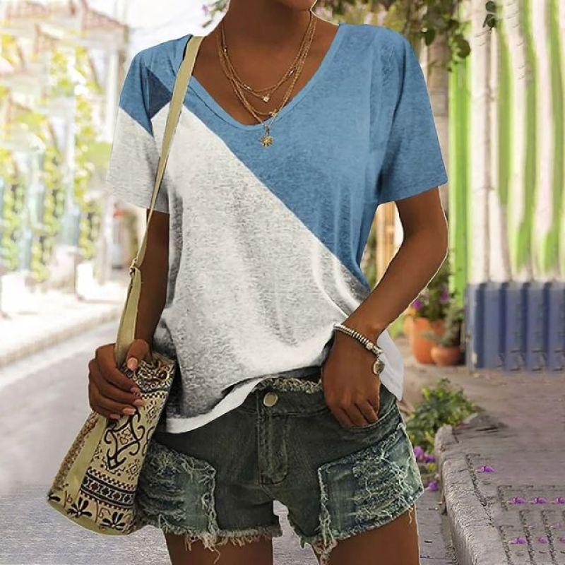 Vintage Women's T Shirt Summer Casual Short Sleeve T Shirt Fashion V Neck Striped Printed Pullover Womens Field Shopping T Shirt