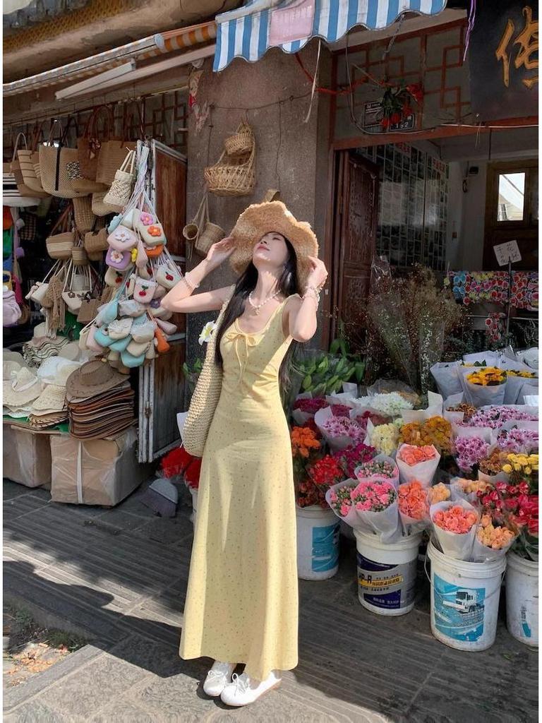 Yellow Floral Spaghetti Strap Slim-Fit Maxi Dress - Women's Japanese Sweet Style Summer Sleeveless Tank Dress