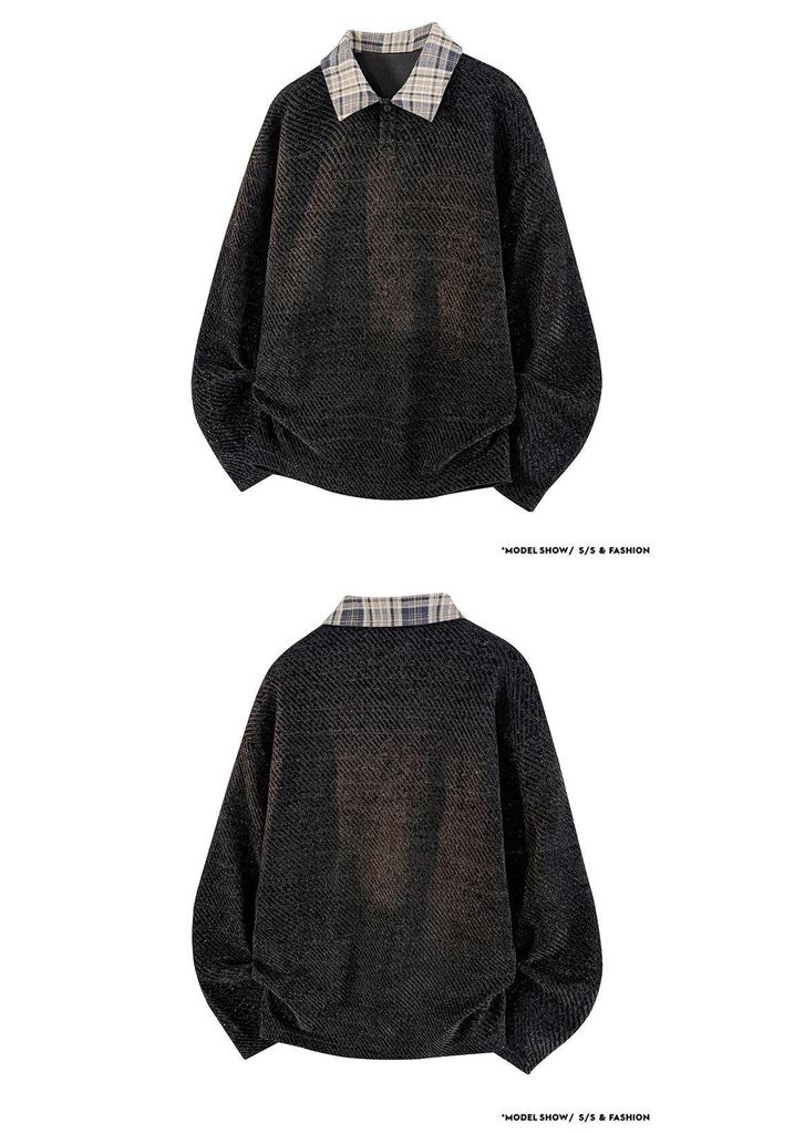 Men's Trendy Knit Polo Collar Plaid Patchwork Hoodie - Retro Style, Long Sleeve, Plus Size