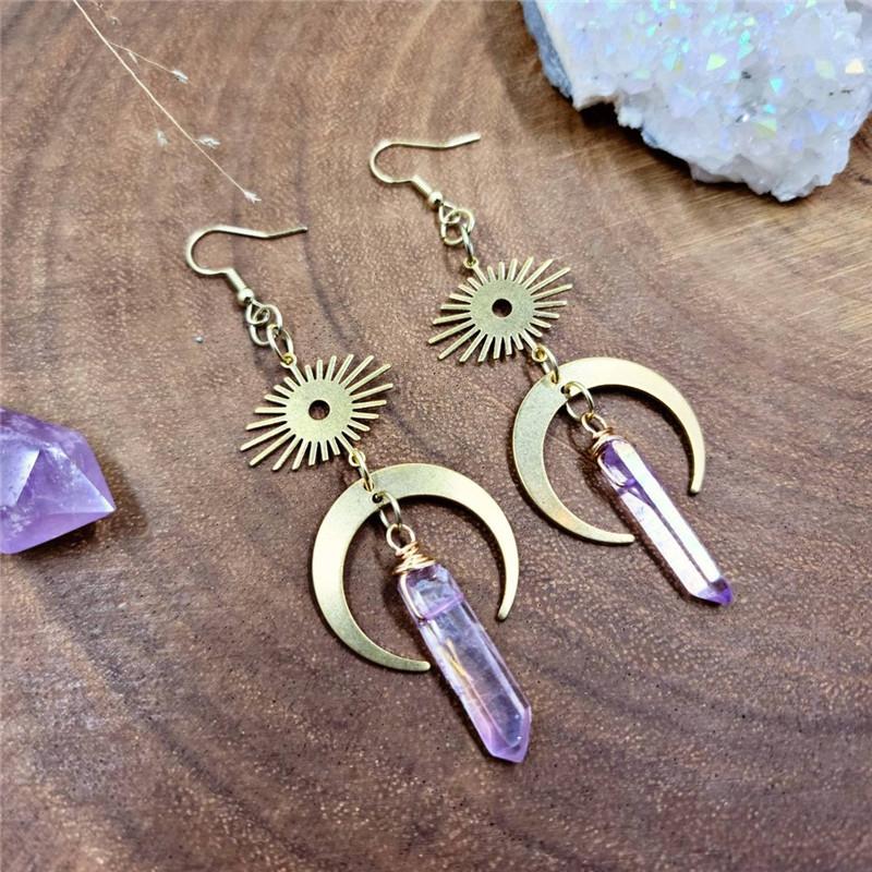Vintage Bohemian Earrings Style Long Star Moon Quartz Pendant Earrings for Women Creative Fashion Vacation Jewelry Accessories