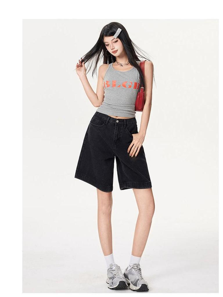 Retro Spicy Girl Elastic Waist Five-Point Denim Shorts – Women's Summer Mid-Length Wide-Leg Pants