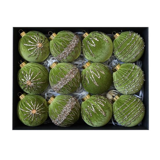12 Pcs Velvet Glitter Christmas Ball Ornaments 3.15" Shatterproof Flocked Sequin Balls Christmas Tree Ornaments for Indoor Outdoor Holiday Party Decor