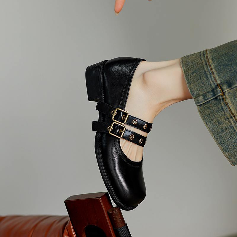 Krazing Pot Cow Skin Spring Summer Size 40 Loafers Thick Med Heels Metal Buckle Women Round Toe Leisure Pumps