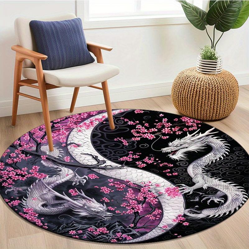 Tappeto Rotondo Design Sakura e Drago,Velluto di Cristallo Poliestere 800g/m²,Tappeto Decorativo Antiscivolo per Camera da Letto,Salotto,Stanza dei Giochi-Poly